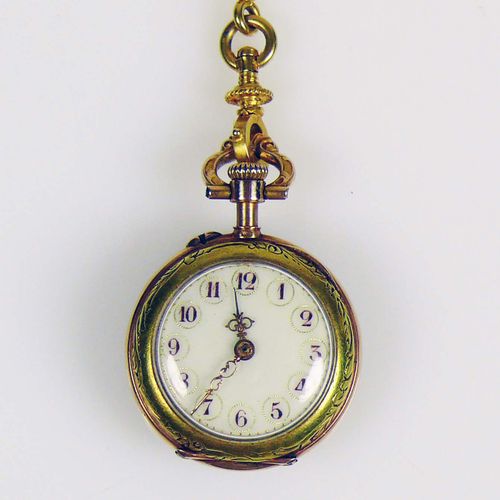 Null Lady's pocket watch case with dust cover and watch chain in 14ct GG; enamel&hellip;