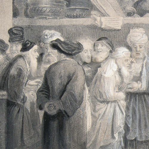 Null Hess, Hieronymus (Basel 1799 - 1850)《圣殿中的祭品》；圣殿中的许多人物场景；铅笔画，部分用白色调高；在当时的灰蓝色&hellip;