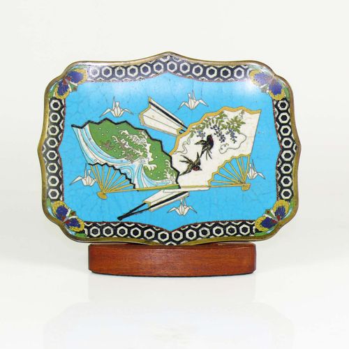 Null Flat cloisonné dish (China) colored enameled decoration; on wooden frame; 2&hellip;