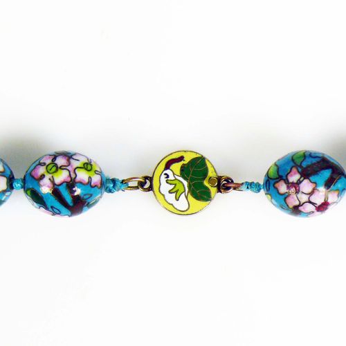 Null 景泰蓝项链，略呈椭圆球状；绿/蓝底彩色花卉装饰；长：52厘米