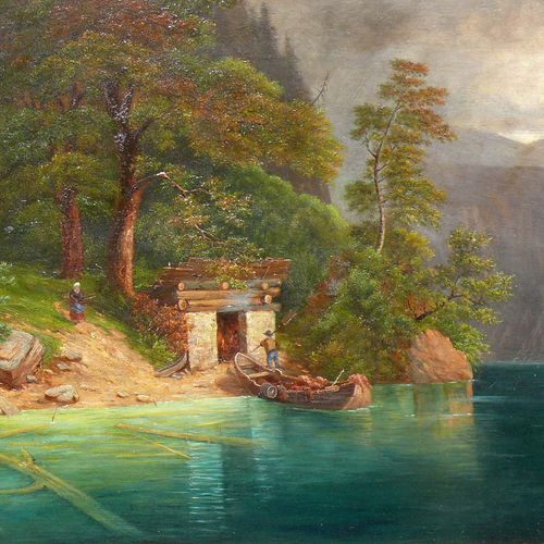 Null 佚名 (19/20世纪) "'带湖的山景'"（卢塞恩湖？）；渔夫卸下他的划船；从左边走来一个女人，走在森林的小路上；暴风雨的气氛；油/木；40 x 5&hellip;