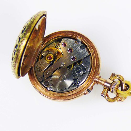 Null Damentaschenuhr Gehäuse mit Staubdeckel und Uhrenkette in 14ct GG; Emailzif&hellip;