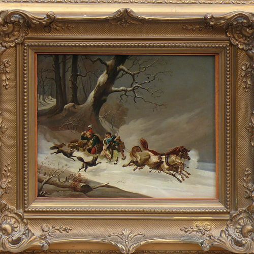 Null 无名氏（19世纪上半叶）《冬季风景中的三驾马车》；马匹在白雪覆盖的林间小道上驰骋；雪橇上的人在抵御狼的攻击；油/白板；非常详细，高质量的描绘；约25 &hellip;