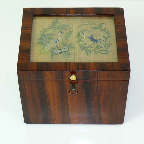 Null Casket (19th century) hardwood; cube-shaped; lid with embroidered bird deco&hellip;