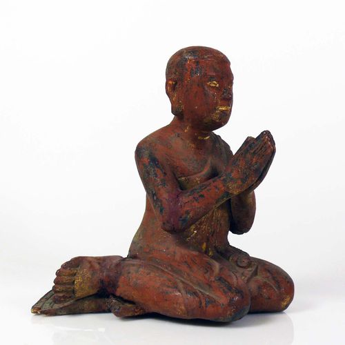 Null Sitting Buddha in Anjali Mudra (prayer gesture); carved wood and coloured; &hellip;