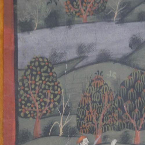 INDE , RAJASTHAN XXe siècle 
Grande peinture à la scène de chasse 
Pigments poly&hellip;