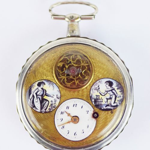 Null Montre de gousset en argent à cadran en métal doré guilloché laissant appar&hellip;