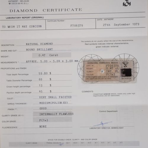 Null Diamant sur papier de 0,47 carats taille ronde brillant FL - F (1+); sous s&hellip;