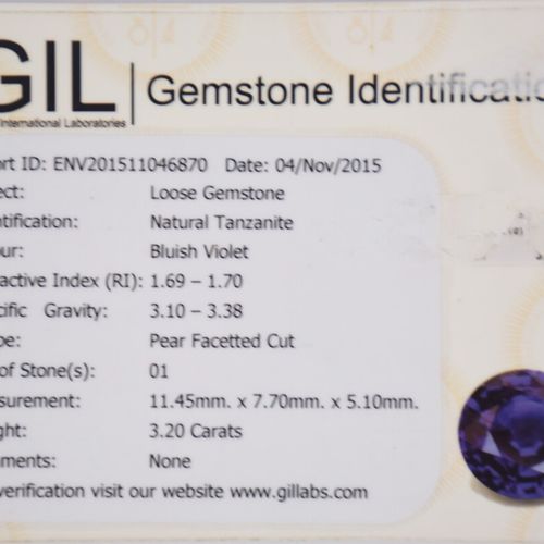 Null Tanzanite sur papier de taille poire de 3.20 carats avec son certificat GIL&hellip;