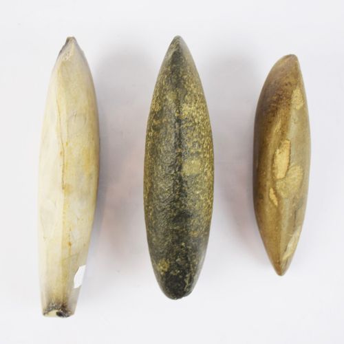Null Réunion de trois haches en pierre polie.

Longueurs: 12,5, 14,5 et 15,5 cm