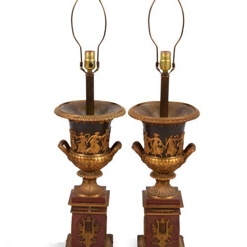 PAIR OF EMPIRE STYLE ORMOLU AND ROUGE MARBLE LAMPS, LATE 19TH CENTURY PAIRE DE L&hellip;