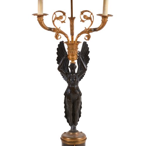 EMPIRE STYLE ORMOLU AND PATINATED BRONZE FIGURAL LAMP, LATE 19TH CENTURY LAMPE F&hellip;