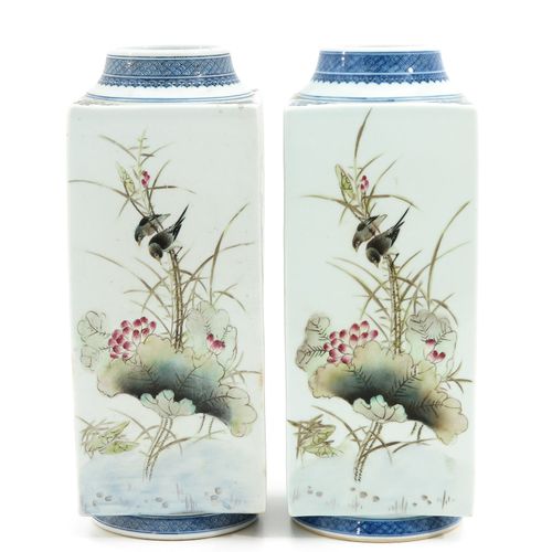 A Pair of Polychrome Square Vases Depicting birds and flowers with Chinese text,&hellip;