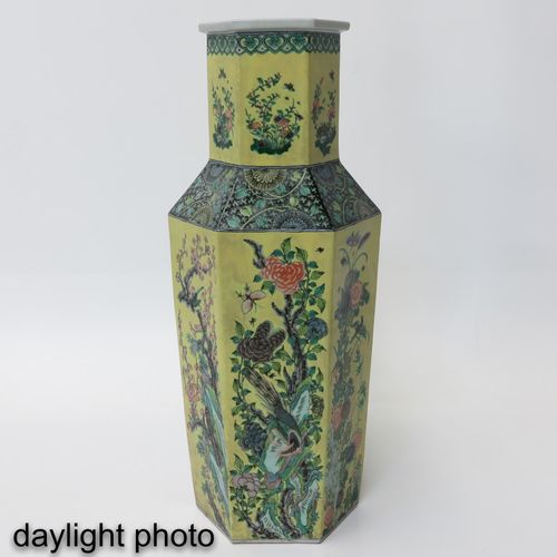 A Pair of Floral Decor Vases Yellow ground with floral decor on 6 sides, 63 cm. &hellip;