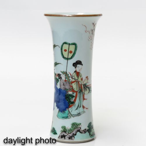 A Pair of Famile Verte Vases Depicting Chinese figures in garden, 22 cm. Tall.