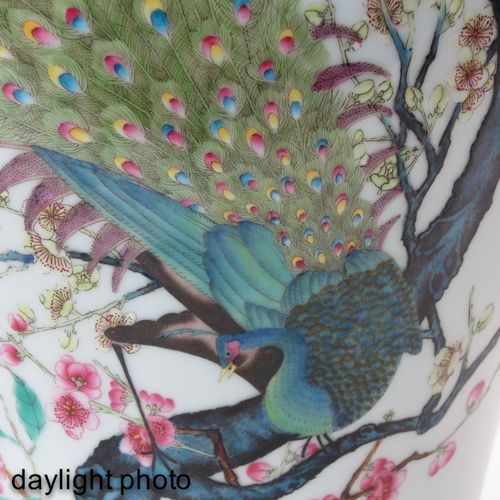 A Famille Rose Mieping Vase 描绘树上的孔雀，雍正款，高38厘米。