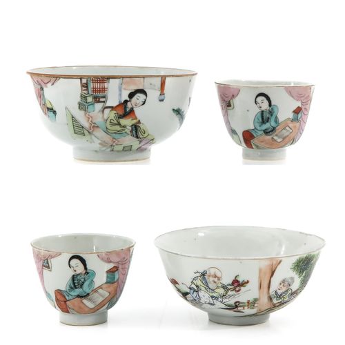 A Collection of Porcelain 包括2个杯子和2个碗，采用Famille Rose装饰，碗的直径为12厘米，芯片。