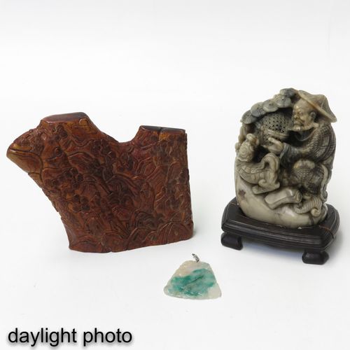A Collection of Chinese Items Including card wood sculpture, carved stone pendan&hellip;