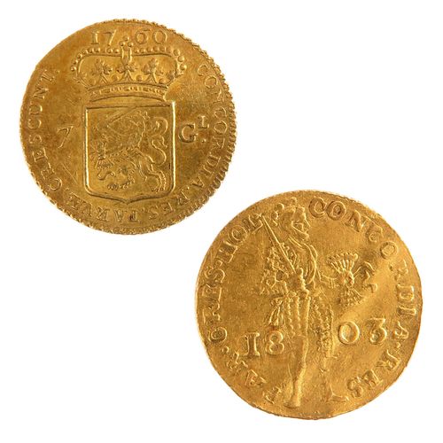 A Lot of 2 Gold Coins 包括1枚1803年杜卡特金币和1枚7吉尔德金币，直径21毫米，总重量为8.5克。