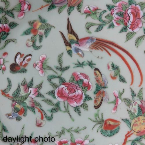 A Lot of 2 Celadon Cantonese Plates 青瓷地，装饰有花、鸟和蝴蝶，直径23厘米。