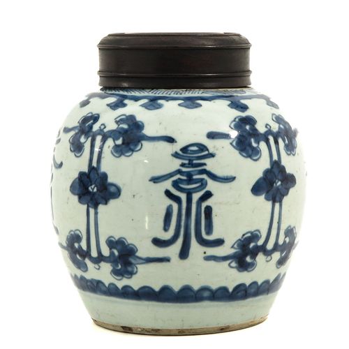 Null A Blue and White Ginger Jar
with wood cover, decorated with flowers, marked&hellip;