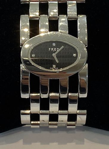 Null 精钢手表，签名：FRED - PRETTY WOMAN - 指针镶嵌4颗钻石，折叠表扣，签名：FRED，编号：FD 032110 / RN 2363 &hellip;