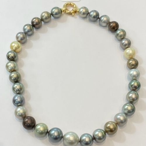 Null Necklace of 32 South Tahitian Pearls 11,5mm to 14,7mm - yellow gold "Buoy" &hellip;