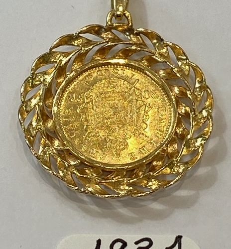 Null 黄金吊坠，带叶子设计，持有一枚20法郎金币--日期为1890年。