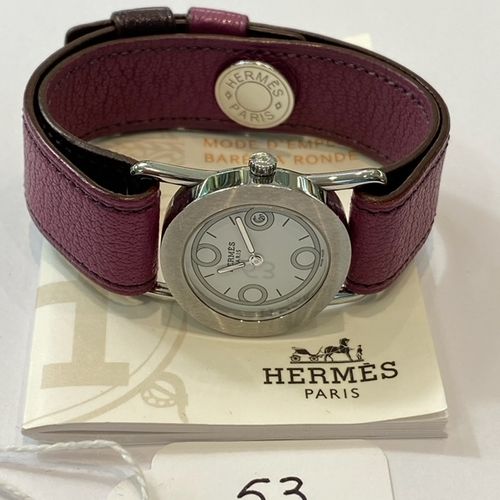 Null Steel watch, signed - HERMÈS - BARENIA - Purple leather strap, signed Hermè&hellip;