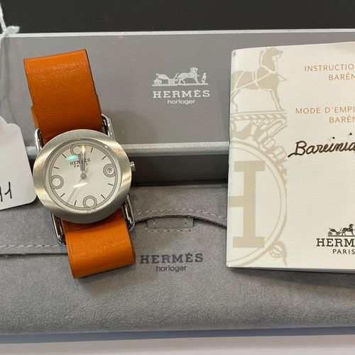 Null Steel watch, signed - HERMÈS - BARENIA - XL - Orange leather strap, signed &hellip;