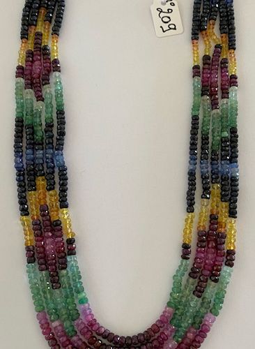 Null Halskette mit 5 Reihen von Smaragden, Rubinen und blauen und gelben Saphire&hellip;