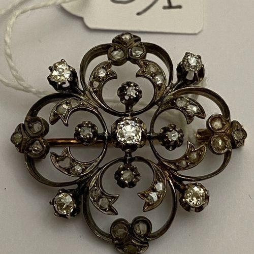 Null 粉金和银的漂亮胸针 - 十九世纪 - 全部镶嵌32颗玫瑰式切割钻石和5颗老式切割钻石 - 马头标志。