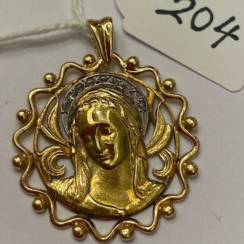 Null 2 gold "Virgin" pendant, set with 9 rose-cut diamonds. 10.0g