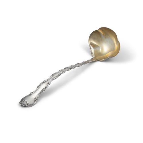 Null AN AMERICAN SILVER SCROLL HANDLE SOUP LADLE, C.1900, gilded bowl, stamped '&hellip;