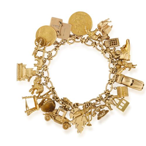 Null A GOLD CHARM BRACELET, suspending numerous 9K gold charms including a telep&hellip;