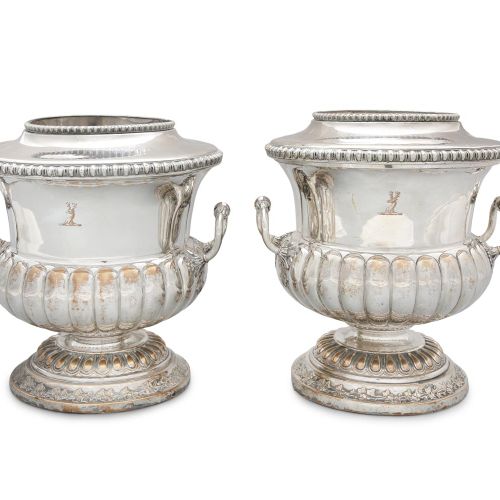 Null A PAIR OF SILVER PLATED WINE COOLERS, of campagna form, in the Neo-classica&hellip;
