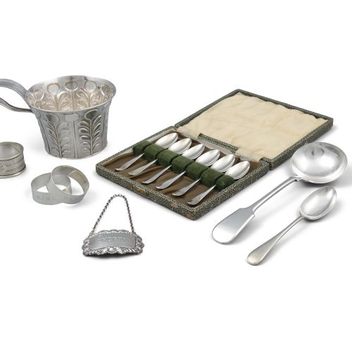 Null A MISCELLANEOUS COLLECTION OF SILVER ITEMS, comprising: - a tapered hammere&hellip;