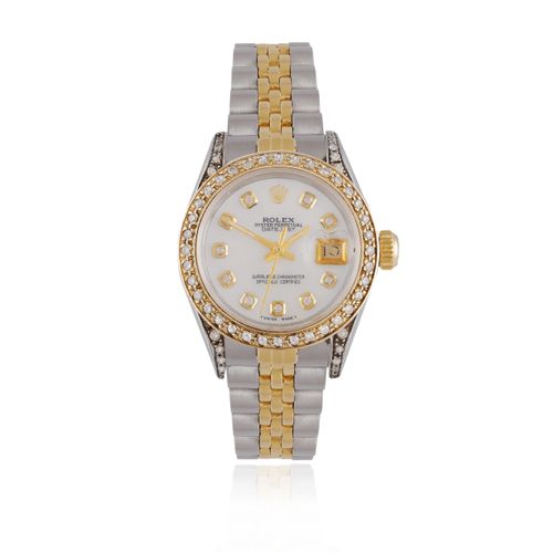 Null A LADY'S STAINLESS STEEL, GOLD AND MOTHER-OF-PEARL CALENDAR WATCH, BY ROLEX&hellip;