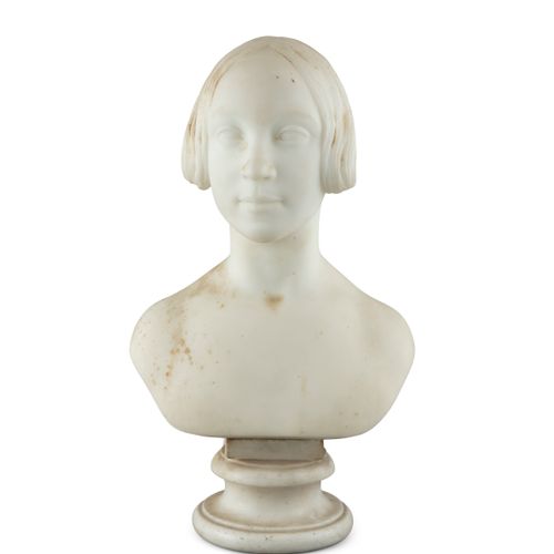 Null W. Theed的19世纪白色大理石年轻女士半身像，1845年。高38厘米（包括支架在内高49厘米）