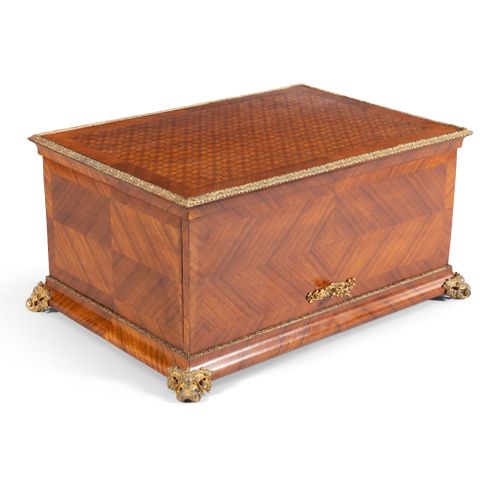 Null A FRENCH KINGWOOD PARQUETRY AND ORMOLU MOUNTED TABLE CABINET, the lift top &hellip;
