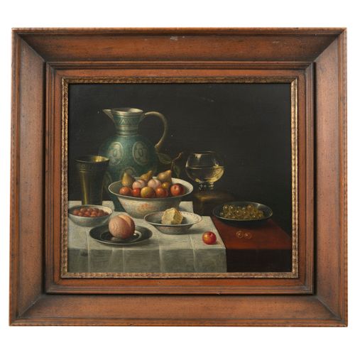 Null 东部学派，19世纪 静物画，桌上有不同的水果，一个玻璃酒杯，黄铜杯和壶 铜上油画，28 x 32厘米