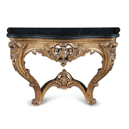 Null A FRENCH CARVED GILTWOOD SIDE TABLE, late 19th century, with ebonised sequi&hellip;