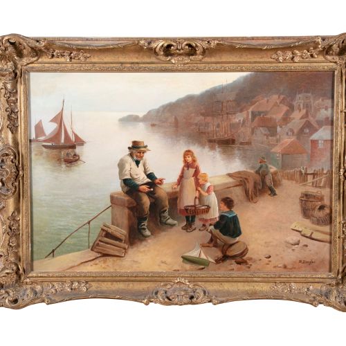 Null R.DOUGLAS 康涅狄格渔夫和坐在入口处的孩子们 布面油画，50 x 75cm 已签名