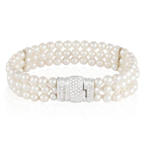 Null A CULTURED PEARL AND DIAMOND BRACELET, composed of three rows of white tint&hellip;