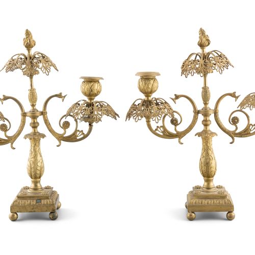 Null A PAIR OF LATE 19TH CENTURY ORMOLU TWO LIGHT CANDLEABRA the scroll arms rai&hellip;