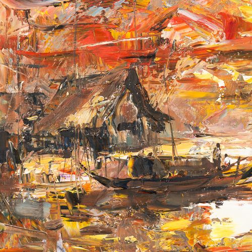 ´FLOATING VILLAGE ON SUNSET´ BY SOPHANNARITH (BORN 1960) ´FLOATING VILLAGE ON SU&hellip;