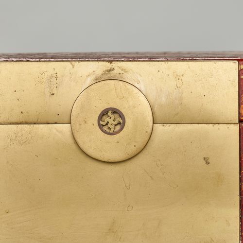 A BRASS FITTED PIG SKIN LACQUER BOX WITH VILLAGE SCENES, QING DYNASTY A BRASS FI&hellip;