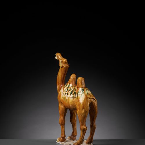 A SANCAI-GLAZED POTTERY FIGURE OF A BACTRIAN CAMEL, TANG DYNASTY A SANCAI-GLAZED&hellip;