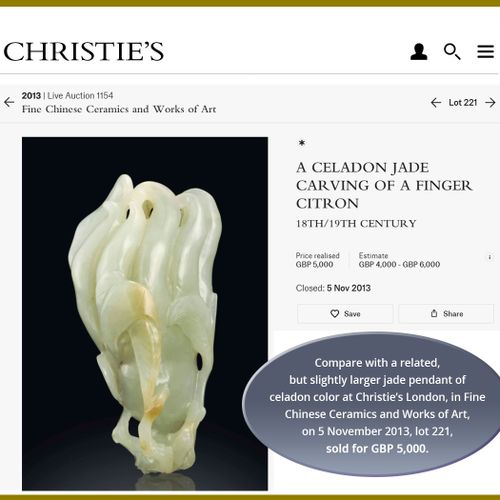 A ‘BUDDHA’S HAND’ JADEITE PENDANT, QING DYNASTY A ‘BUDDHA’S HAND’ JADEITE PENDAN&hellip;