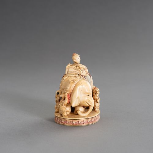 CHIKUYÔSAI TOMOCHIKA: AN IMPRESSIVE IVORY OKIMONO OF A CAPARISONED ELEPHANT WITH&hellip;